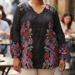 John Mark Black and Purple Floral Blouse